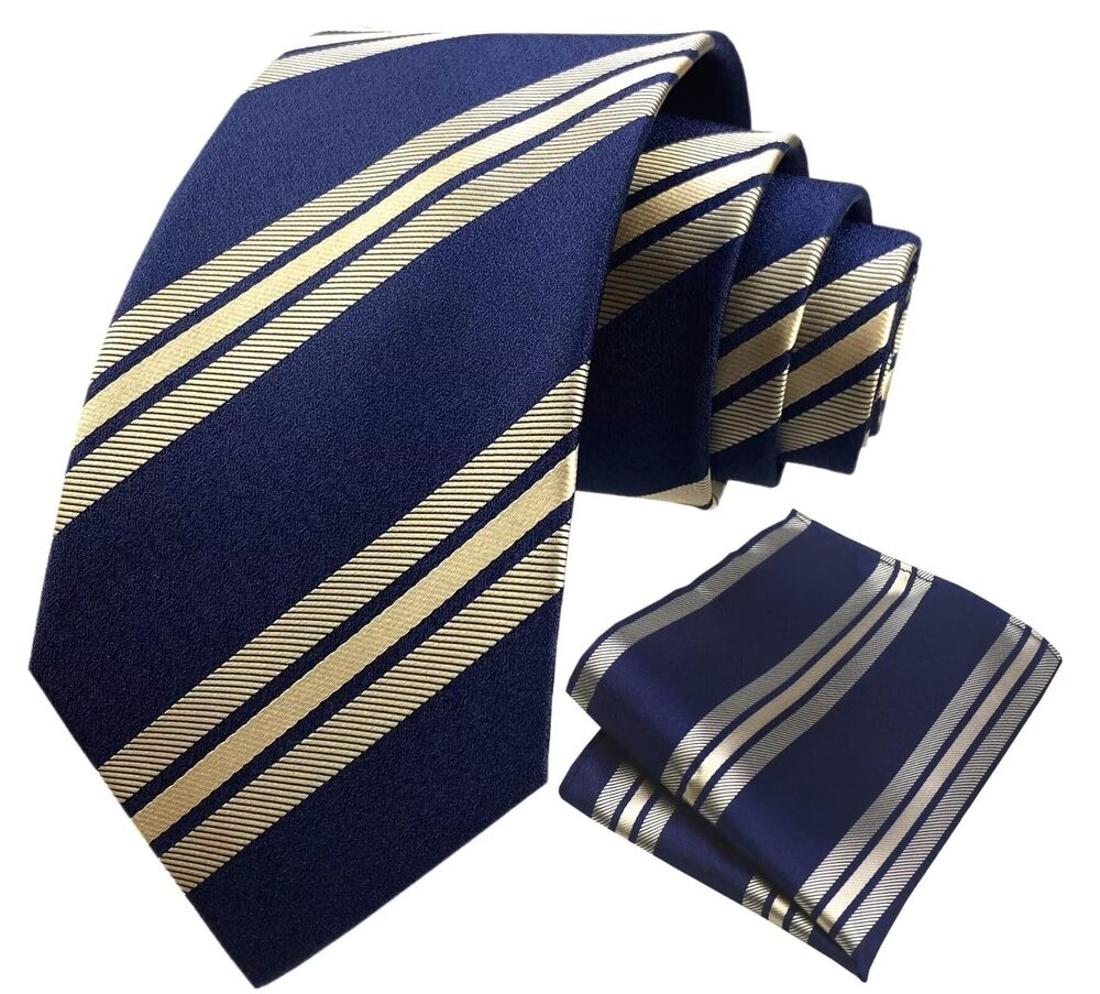 6260 Stripe Tie Silk Woven Navy Blue Champagne Neckties Pocket Square Set
